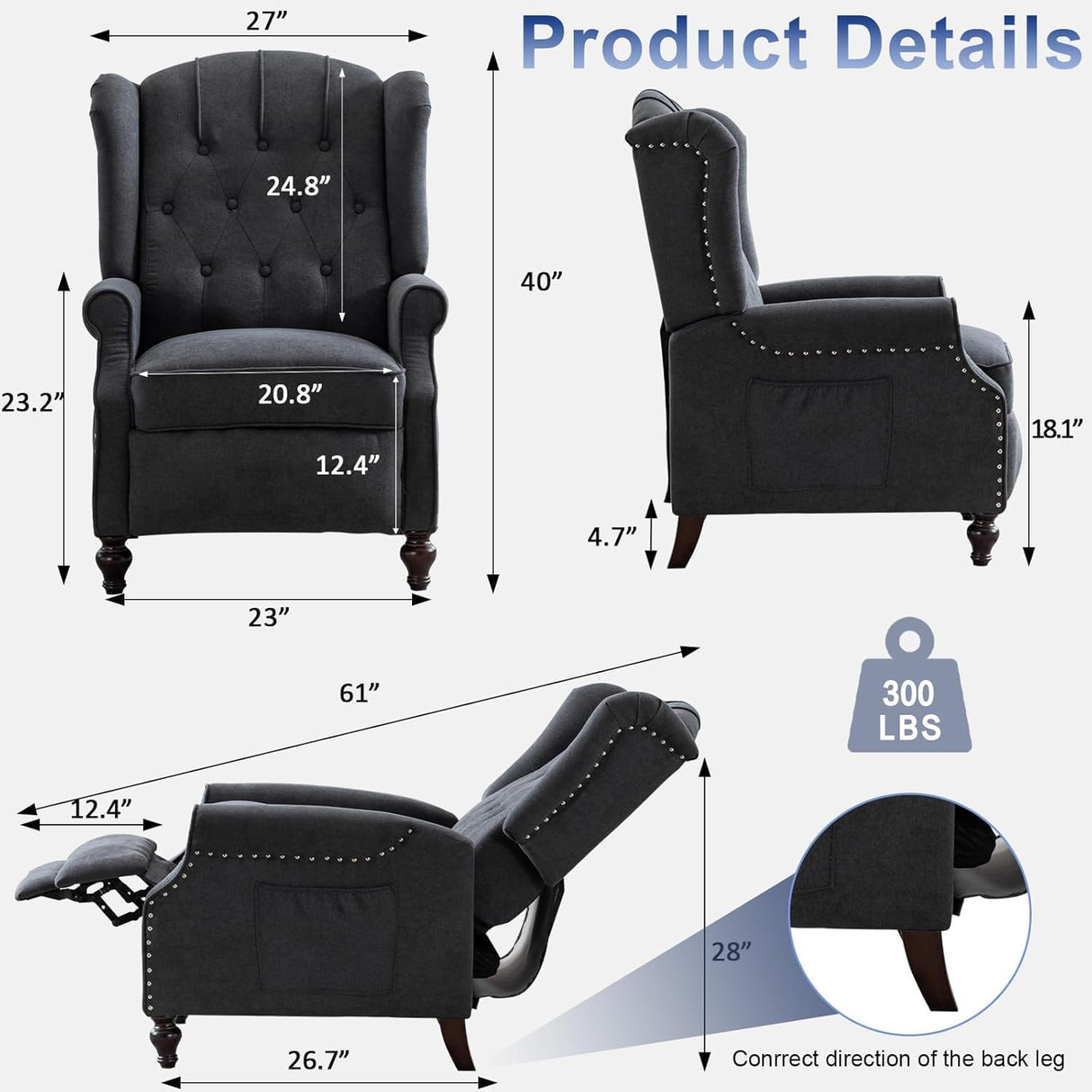 SAMERY Wingback Recliner Chair with Massage and Heat, Push Back Recliner Accent Chair, Modern Tufted Reclining Lounge Single Small Recliner Chair Set of 2 for Small Spaces, Living Room, Office SAMERY