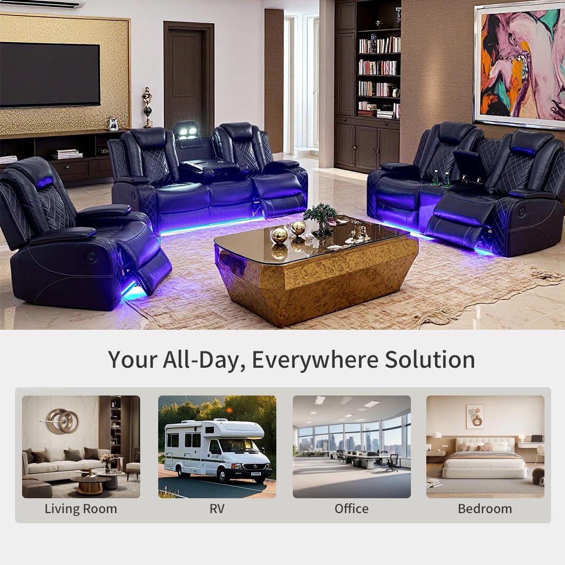 Toseslo Power Recliner Sofa Set, Black Leather 3 Pieces Sectional Couch, Living Room Furniture Sets with LED Light, Modern Power Reclining Sets with Storage Console/Cup Holder for Living Room Toseslo