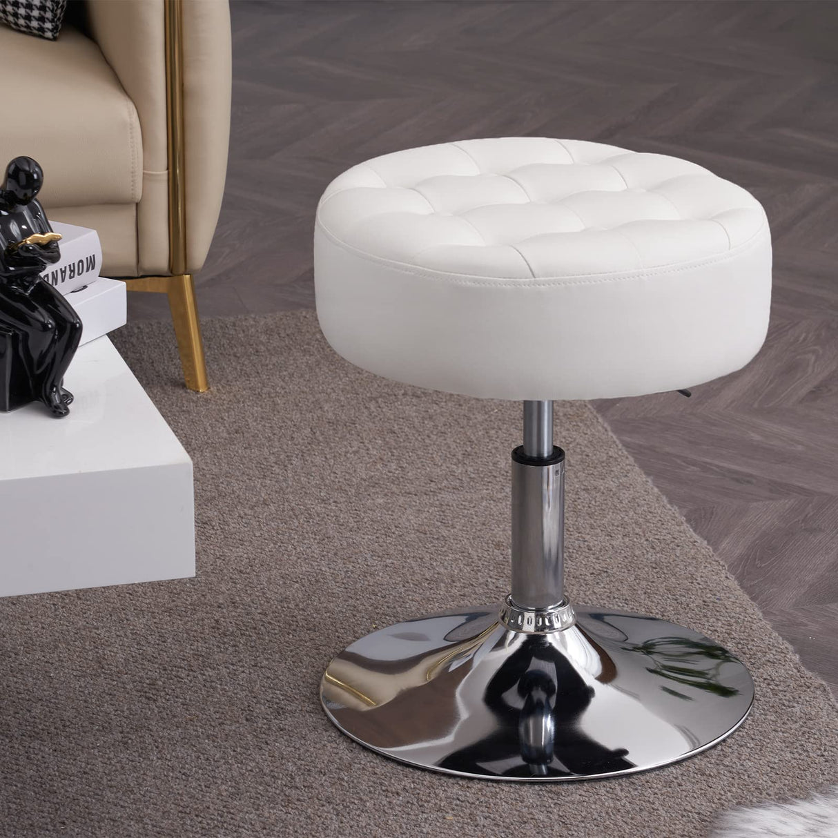 Furniliving Mid-Century Tufted Adjustable Swivel Makeup Ottoman Stool; Modern Big Size Round Vanity Stool Chair for Bedroom Living Room (White) Furniliving