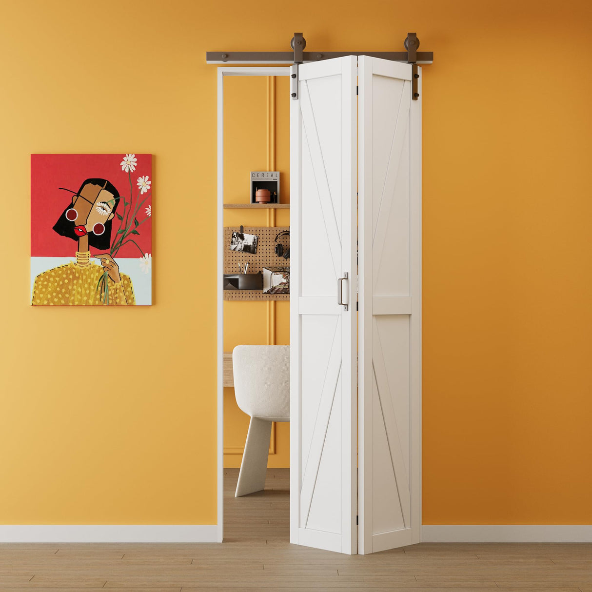 Bifold Barn Doors 40" (20" x 2) x 84" with Hardware Kit & Handle, MDF Panel Closet Pantry Door Interior Sliding Folding Door, Solid Wood Barn Door PVC Surface Easy Assembly, K-Shape JUJUBON