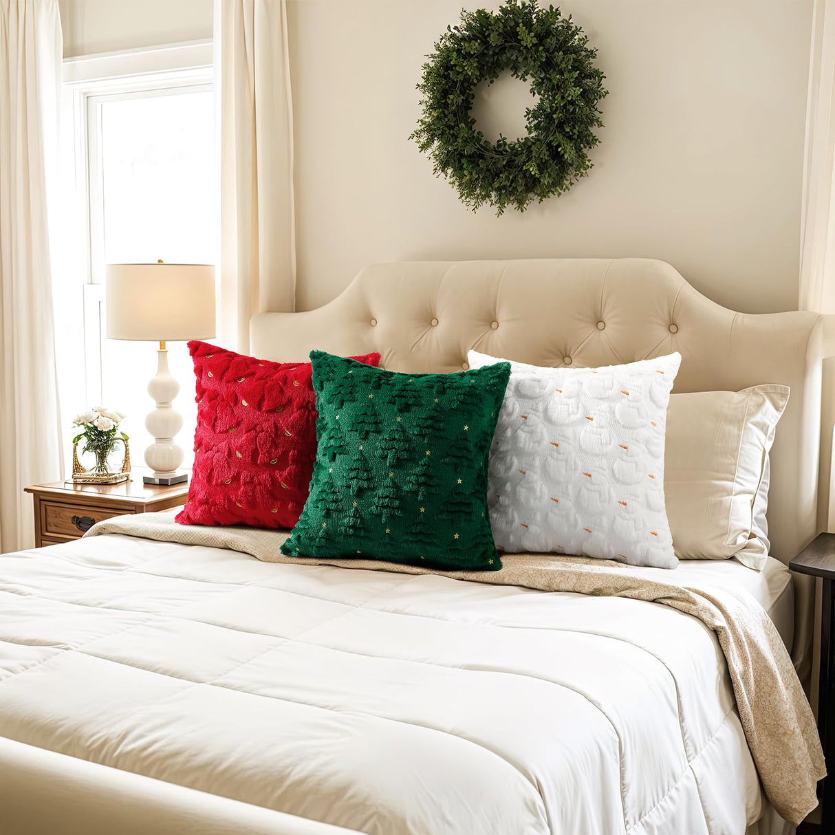 Softalker Christmas Throw Pillow Covers 18 x 18 Inch Set of 2, Xmas Winter Christmas Tree Faux Fur Cushion Covers, 3D Embroidered Pillow Cases for Couch Bedroom Living Room Decor, Green Softalker