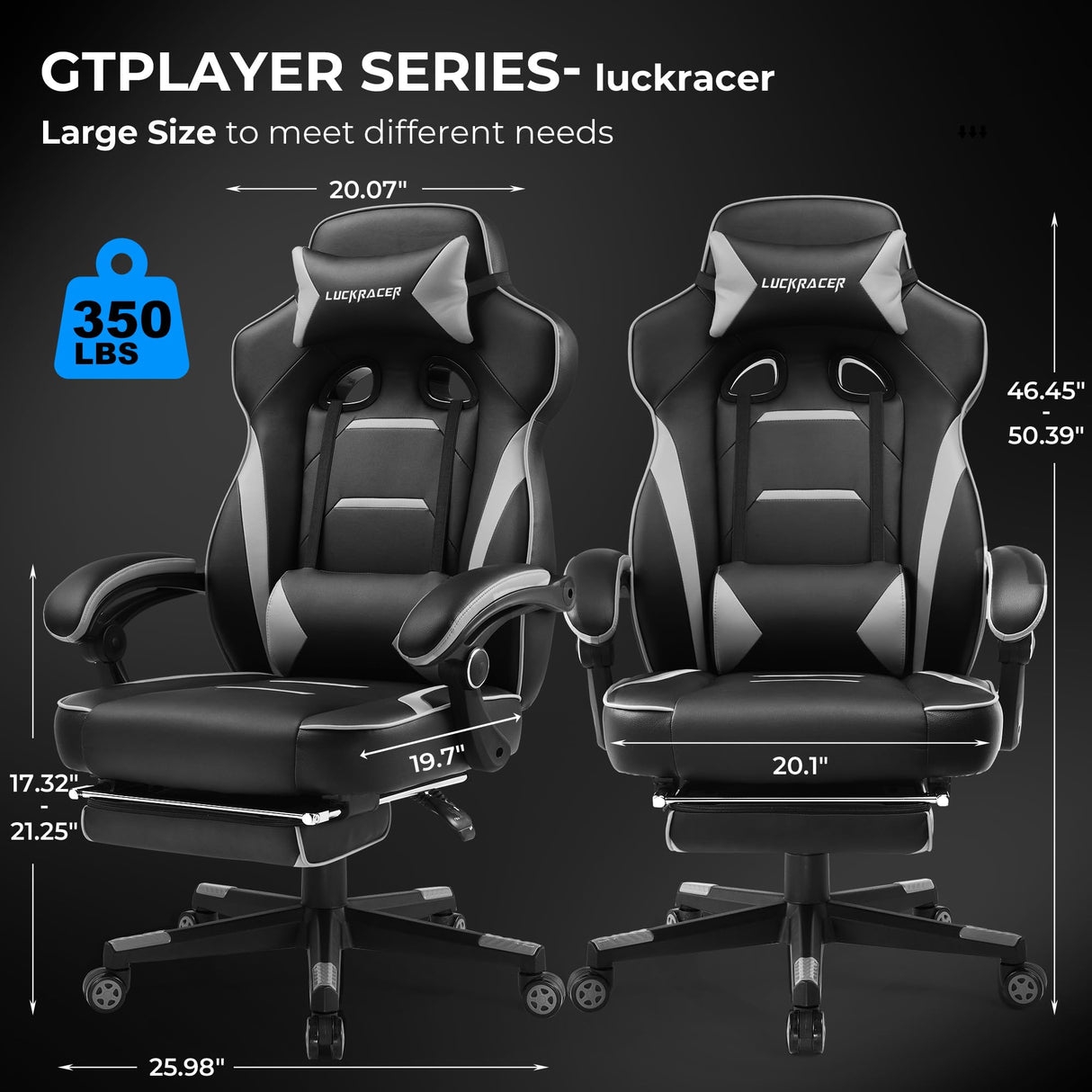 GTPLAYER Gaming Chair with Footrest, Big and Tall Game Chair 350lb Racing Style Computer Chair, Ergonomic Executive Office Chair High Back with Lumbar Support and Recliner, Light Gray GTPLAYER