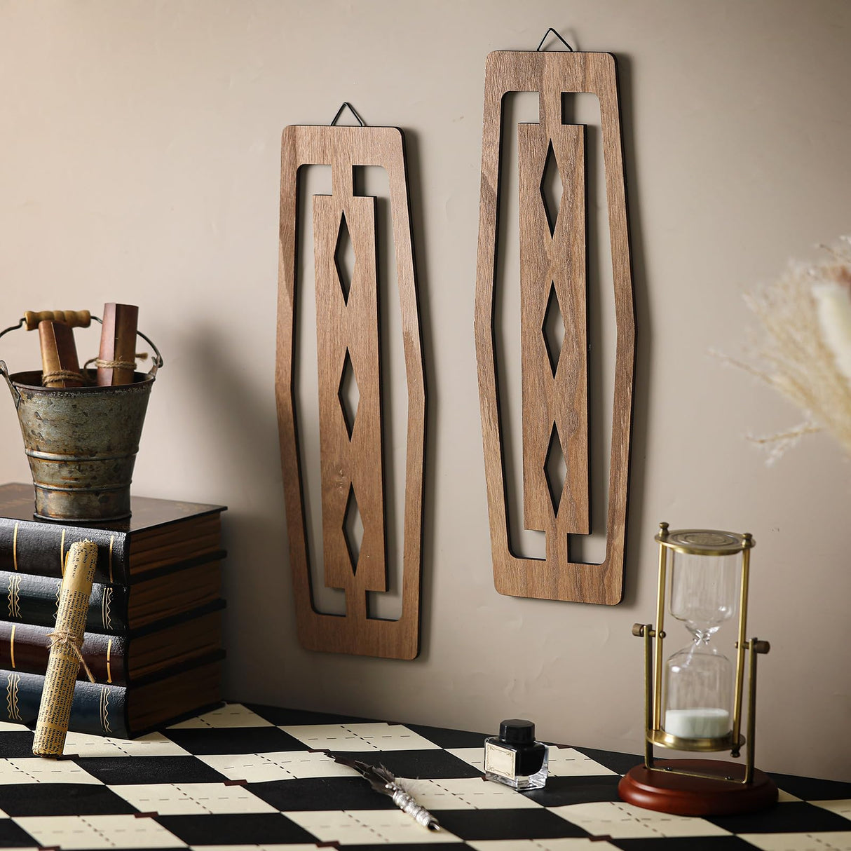 CroBlissful 2 Pcs Mid Century Wall Decor Wood Mid Century Modern Elegance Wall Accents Abstract Wall Decor Geometric Panels for Interior Wall Decor Panel Wall Art for Home Living Room (Dark Brown) CroBlissful