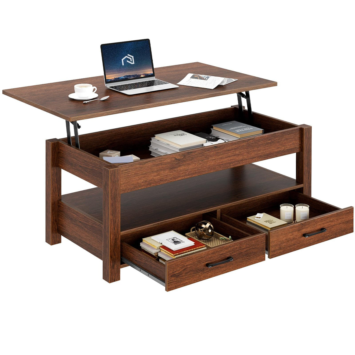 Rolanstar Coffee Table, Lift Top Coffee Table with Drawers and Hidden Compartment, Retro Central Table with Wooden Lift Tabletop, for Living Room,Espresso Rolanstar