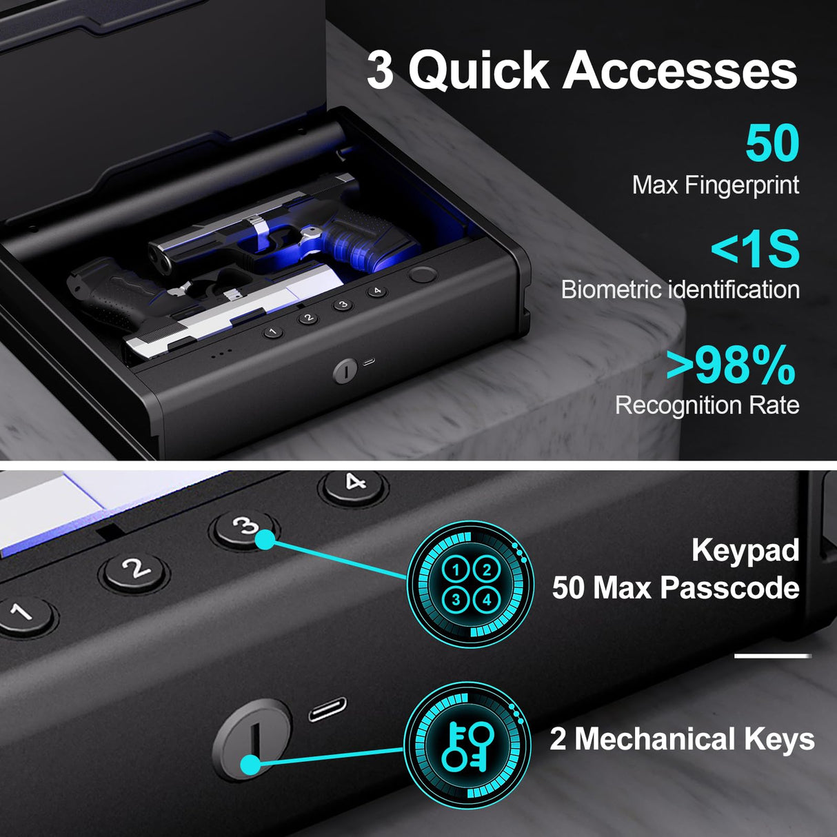 PINEWORLD Gun Safe For Handgun, Gun Case, Biometric Gun Safe For Car, Pistol Safes With Fingerprint|Passcode|Key Unlock, Full Voice Prompt Gun Lock Box with Cable, Charging Port PINEWORLD