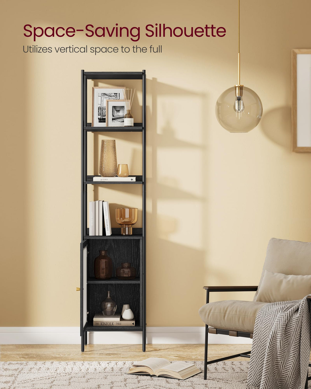 VASAGLE Slim 6-Tier Bookcase with PC Door and Adjustable Shelves in Ebony Black and Matte Black VASAGLE