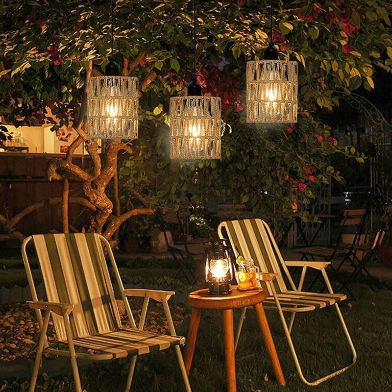 3 Pack Outdoor Chandelier Pendant Light for Gazebo Battery Operated Boho Hanging Lamp Bamboo Handmade Rattan Decorative Lights LED Lantern Bulb Powered by 4*AA Batteries for Porch Patio Backyard Decor YIKEGE LICHT