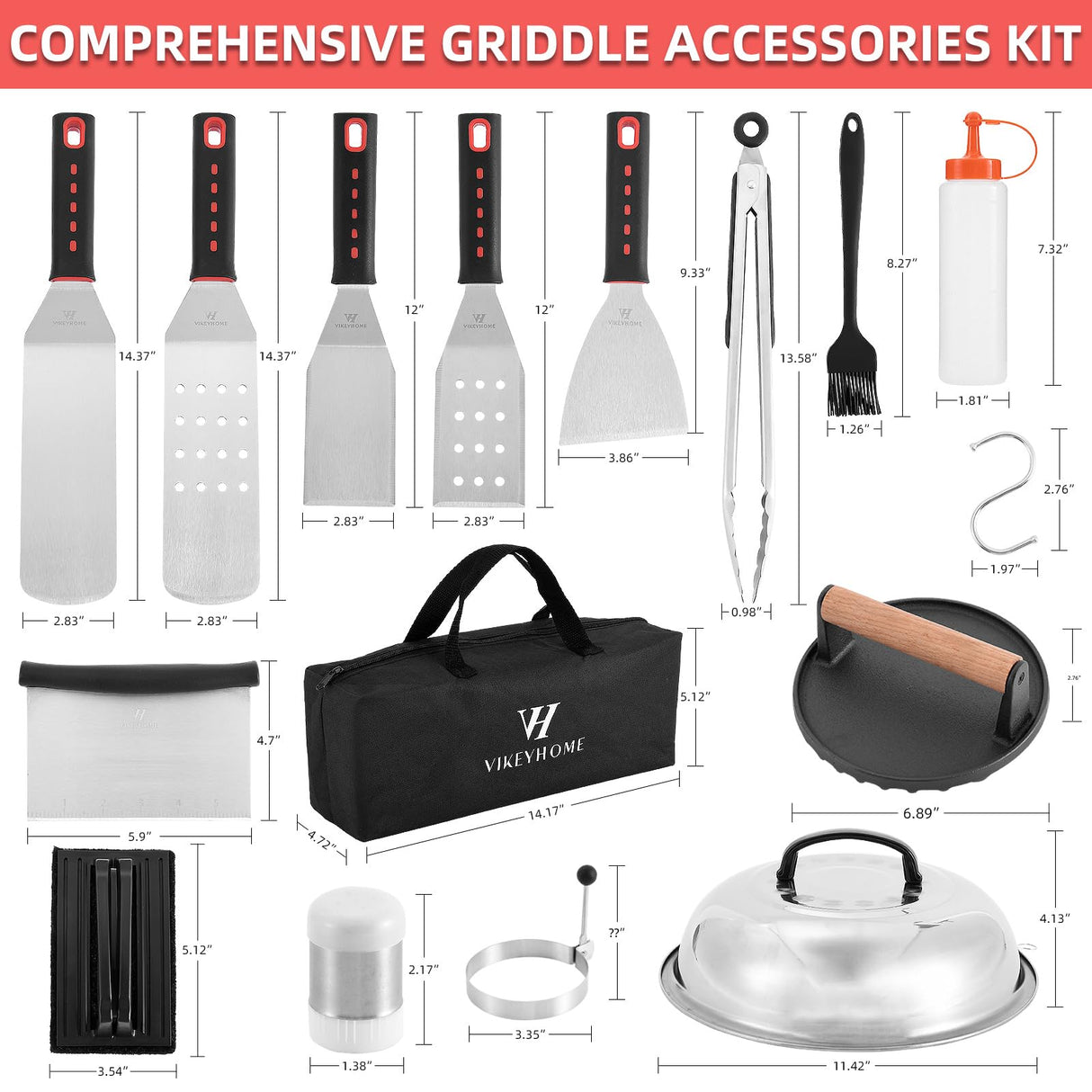 VIKEYHOME Griddle Accessories Kit, 28 Pcs Griddle Grill Tools Set, Professional Grill BBQ Spatula Set with Basting Cover, Spatula, Scraper, Bottle, Tongs, Egg Ring VIKEYHOME