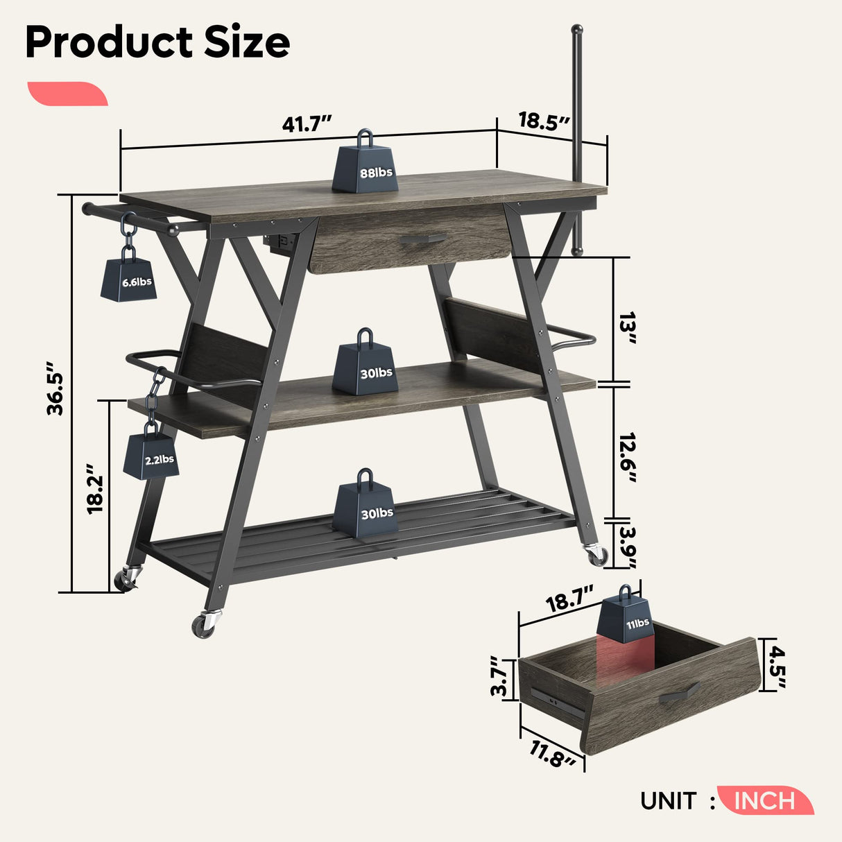 Bestier Grey Coffee Bar Station with Storage, Rolling Kitchen Cart and Towel Holder Bestier