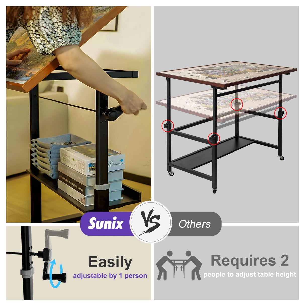 Sunix 1500 Pieces Jigsaw Puzzle Table with Legs, 36"x26" Adjustable Height Puzzle Board with Cover & 6 Sorter Tray, 12-Tilting-Angle Portable Wooden Puzzle Table for Adults, Enclosed with Wheels Sunix