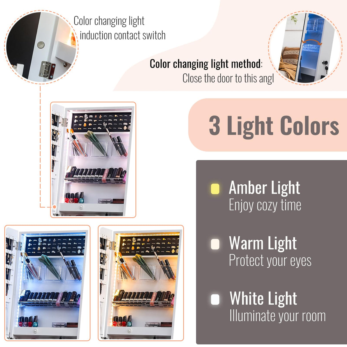 Bonnlo Jewelry Cabinet Full-Length Mirror, Lockable Jewelry Armoire with LED Light, Freestanding Jewelry Box, Large Capacity Organizer with Cosmetic Storage Shelves Bonnlo