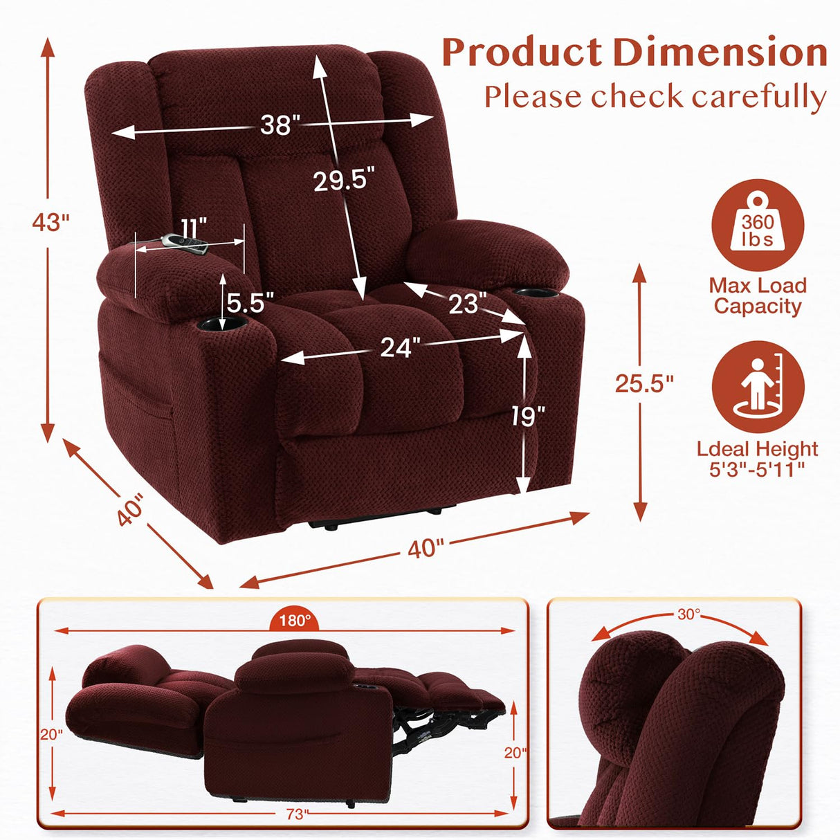 Neioml Triple Motor Large-Wide Lift Chair, Infinite Position, 180° Lay Flat, Power Lift Chairs Recliners for Elderly Big and Tall, Massage & Heat, Extended Footrest, Soft Plush Flannel (Red) Neioml