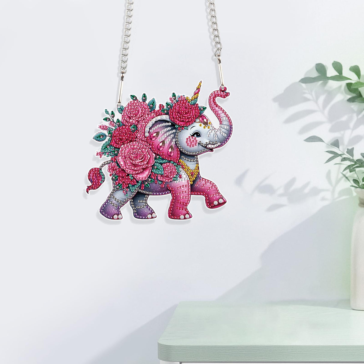 JISHSHAY Diamond Painting Pendant 5D DIY Elephant Flower Art Wind Chime Special Shaped Crystal Suncatcher Garden Outdoor Keyrings Decor JISHSHAY