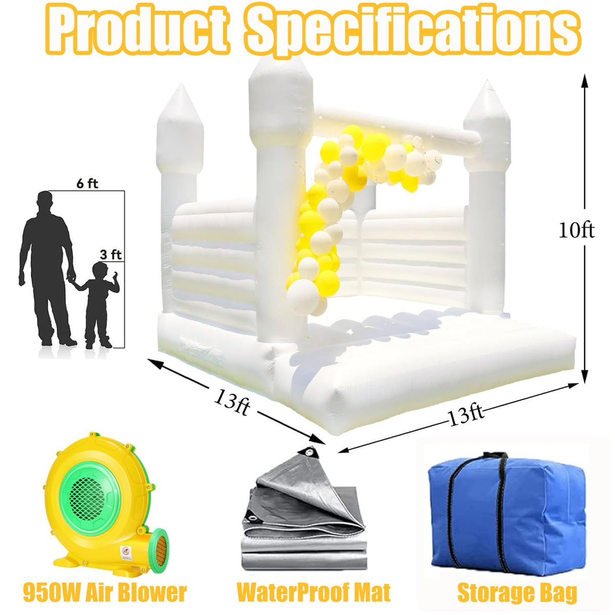 Inflatable White Bounce House Castle, 13x13x10ft Large Jumper PVC Bouncy House with Blower for Toddler Kids and Adults Indoor or Outdoor Wedding Birthday Party ZAFIED