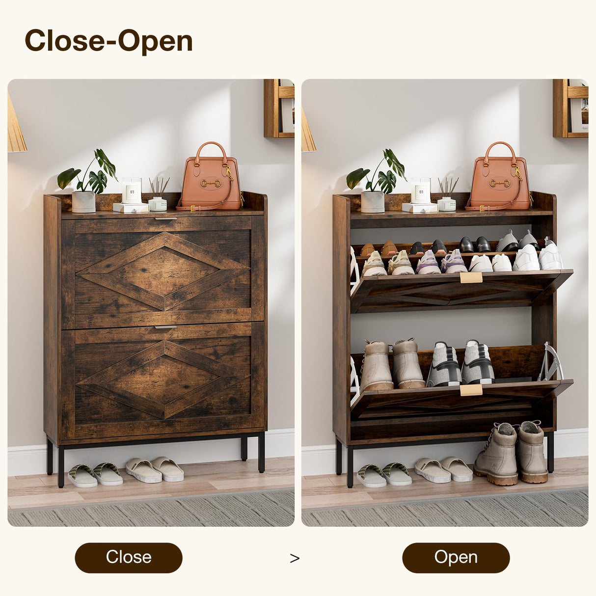 Entryway Shoe Storage Cabinet, Wooden Slim Organizer with 2 Hidden Drawers, Narrow Rack for Shoes, Flip Dresser for Entrance or Hallway, Space-Saving Storage Table, Rustic Brown HMFOR