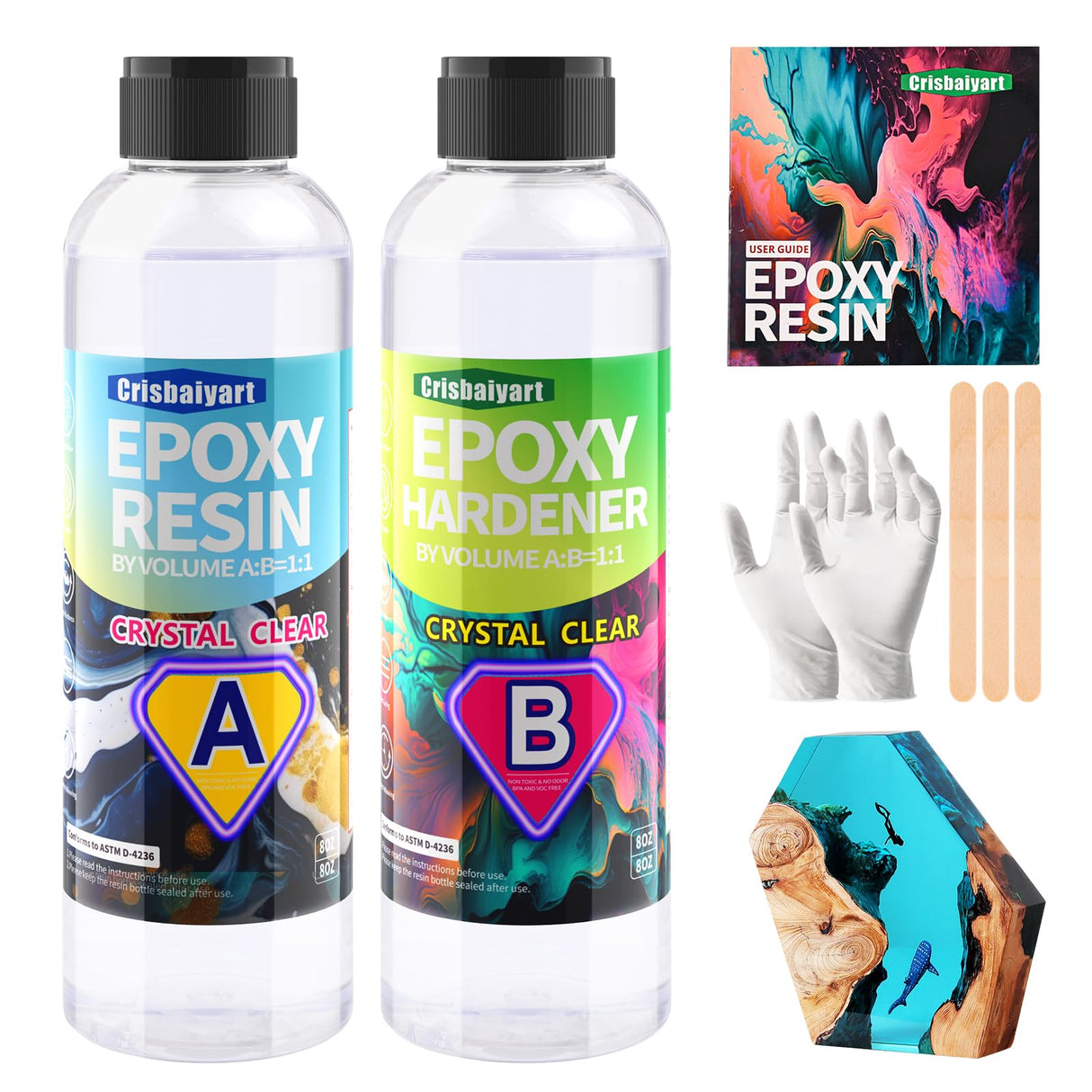 Clear Epoxy Resin, Bubble Free, Table Top, Art, Craft, Jewelry Casting, DIY, Tumblers & Wood, Food Safe, Heat & UV Resistant - 2 Part Resin Kit (16 Ounces) Crisbaiyart