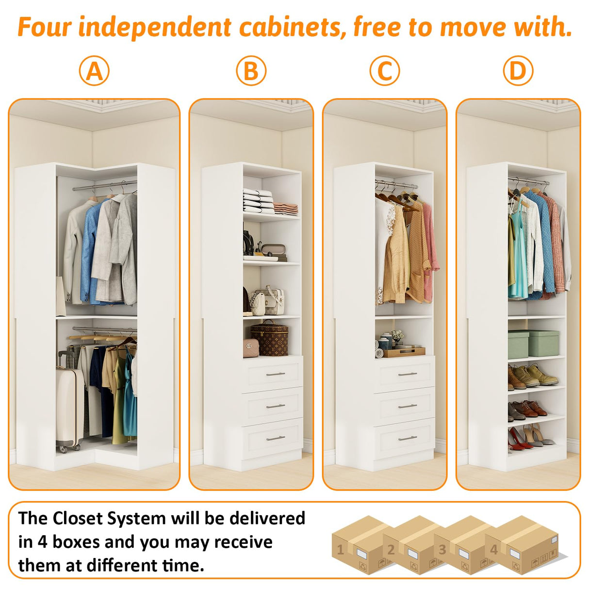 Vomavex Closet System with 4 sets, 101.9" Closet Organizer Systems with 6 Drawers & 8 Hanging Rods & Adjustable Shelves, Walk in Closet Standing Closet System, Corner Closet System Set, White vomavex