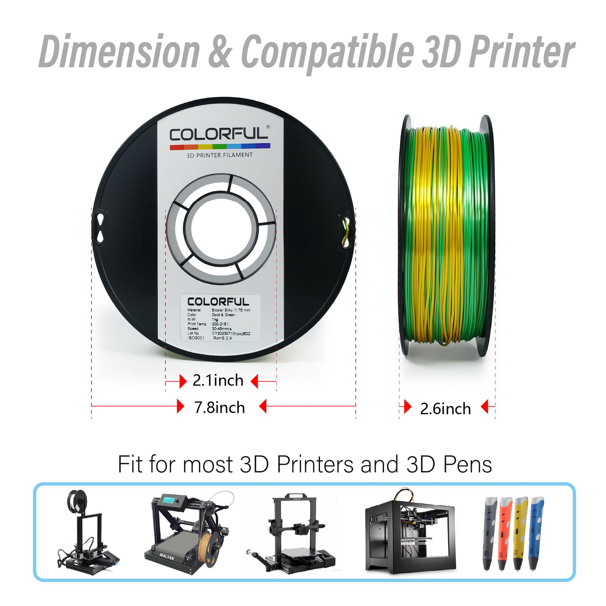 COLORFUL Silk PLA Filament 1.75mm 3D Printer Filament, Dual Color Filament, Shiny Filament 1kg Spool(2.2lbs), Silk 3D Printing Filament, Gold Green colorful