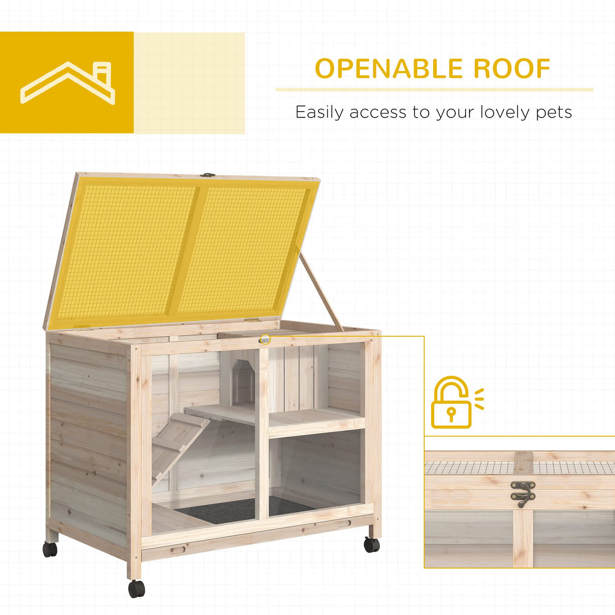 PawHut Indoor Rabbit Hutch with Wheels, Desk and Side Table Sized, Wood Rabbit Cage, Waterproof Small Rabbit Cage, Natural PawHut