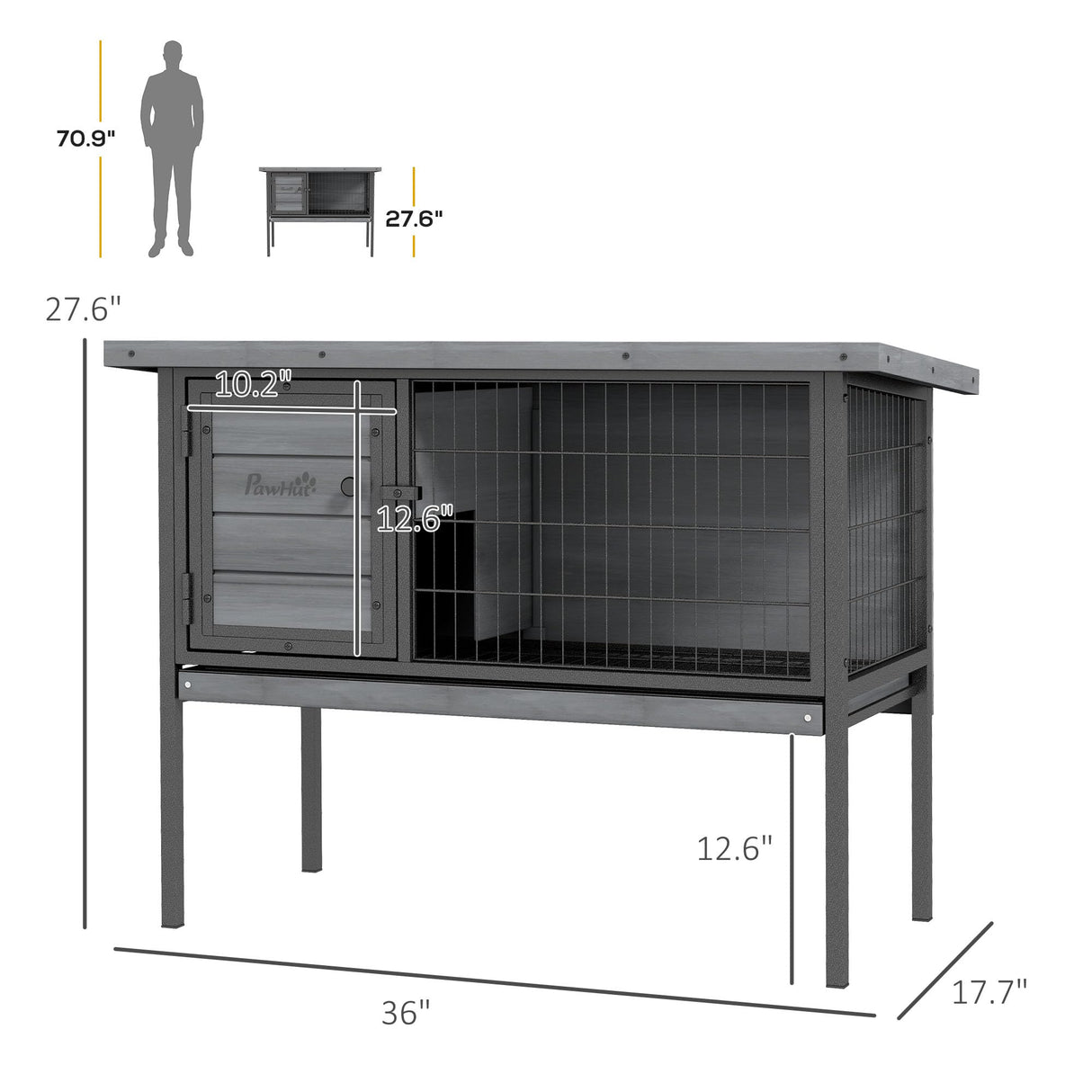 PawHut Rabbit Hutch Elevated Bunny Cage Small Animal Habitat with Metal Frame, No Leak Tray, Metal Wire Pan and Openable Water-Resistant Asphalt Roof for Indoor/Outdoor Gray PawHut