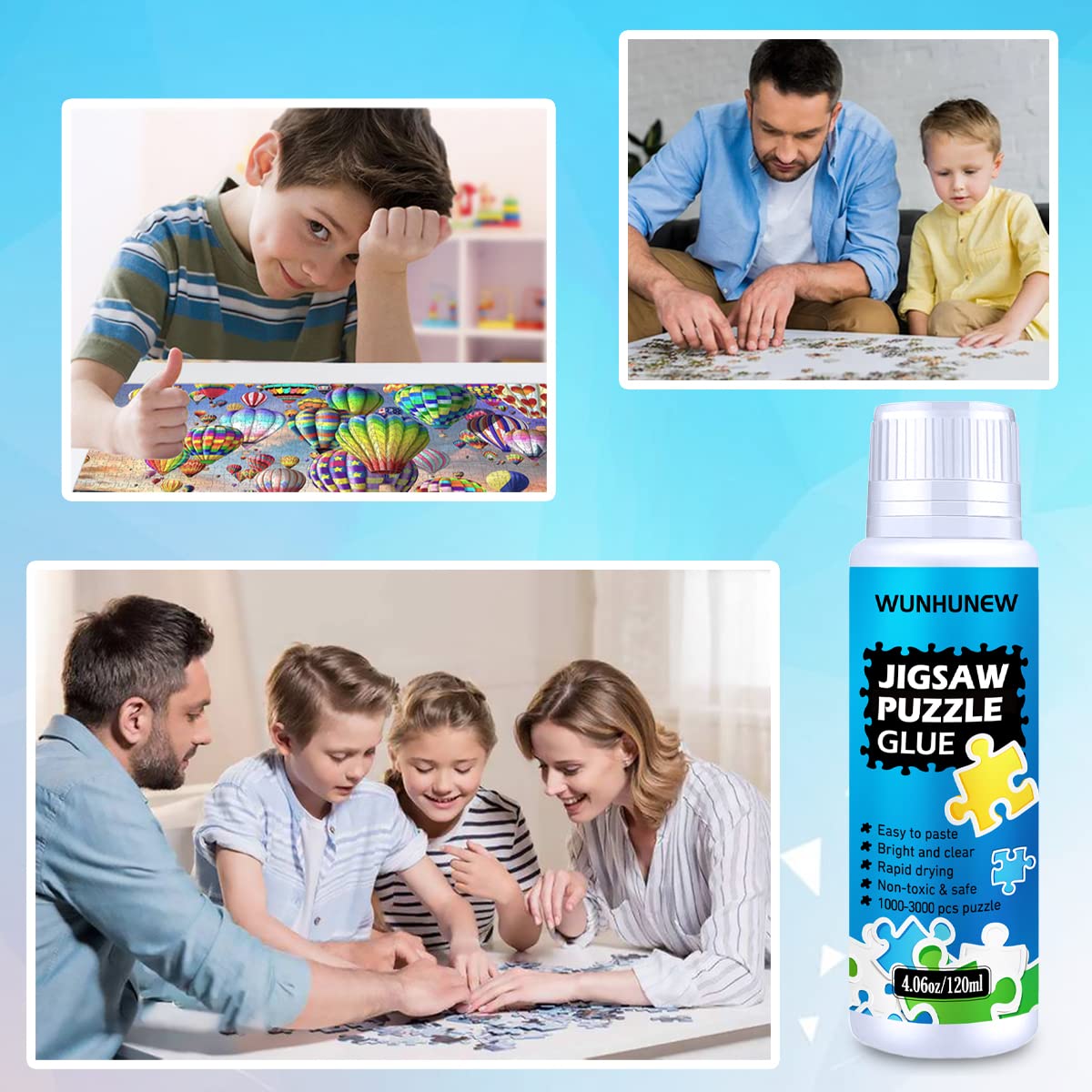 Jigsaw Puzzle Glue Clear with Sponge Head Applicator, Puzzle Saver Frame for 1000/1500/3000 Pieces Puzzle of Paper & Wood, Water-Soluble Special Art Craft Puzzle Guard Glue, Quick Dry (120ML) Wunhunew