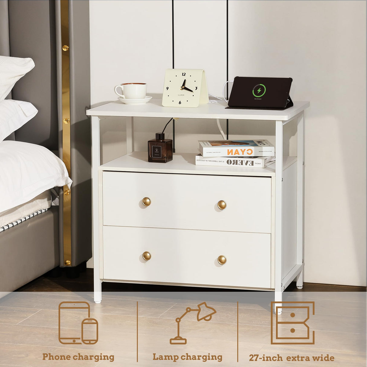 Edbuosy 27 inch Wide Nightstand with Charging Station, Bedside Table with Open Shelf, 2 Drawers Small Wood Dresser, End Side Table for Bedroom (White) Edbuosy