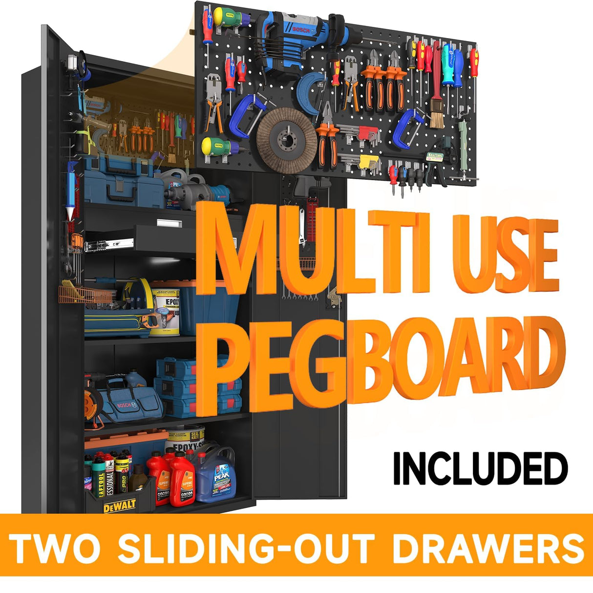 Metal Storage Cabinet with Doors & Adjustable Shelves, 72 Inch Black Lockable Garage Cabinet with Wheels & Drawers & Pegboard for Office, Gym, Basement, Warehouse basenji