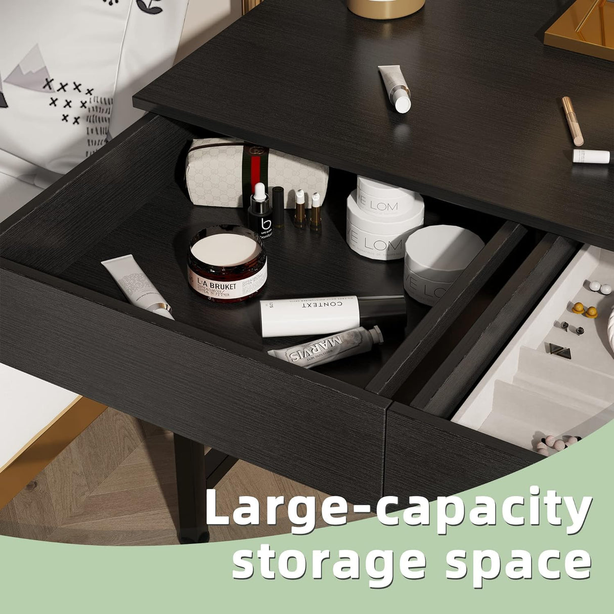 CAIYUN 40Inch Desk with 2 Wooden Drawers,Home Office Desks with Storage, Simple Modern Kids Desk, Vanity Desk for Bedroom, Work Study Writing Desk Table for Small Spaces (Black, Wooden) CAIYUN