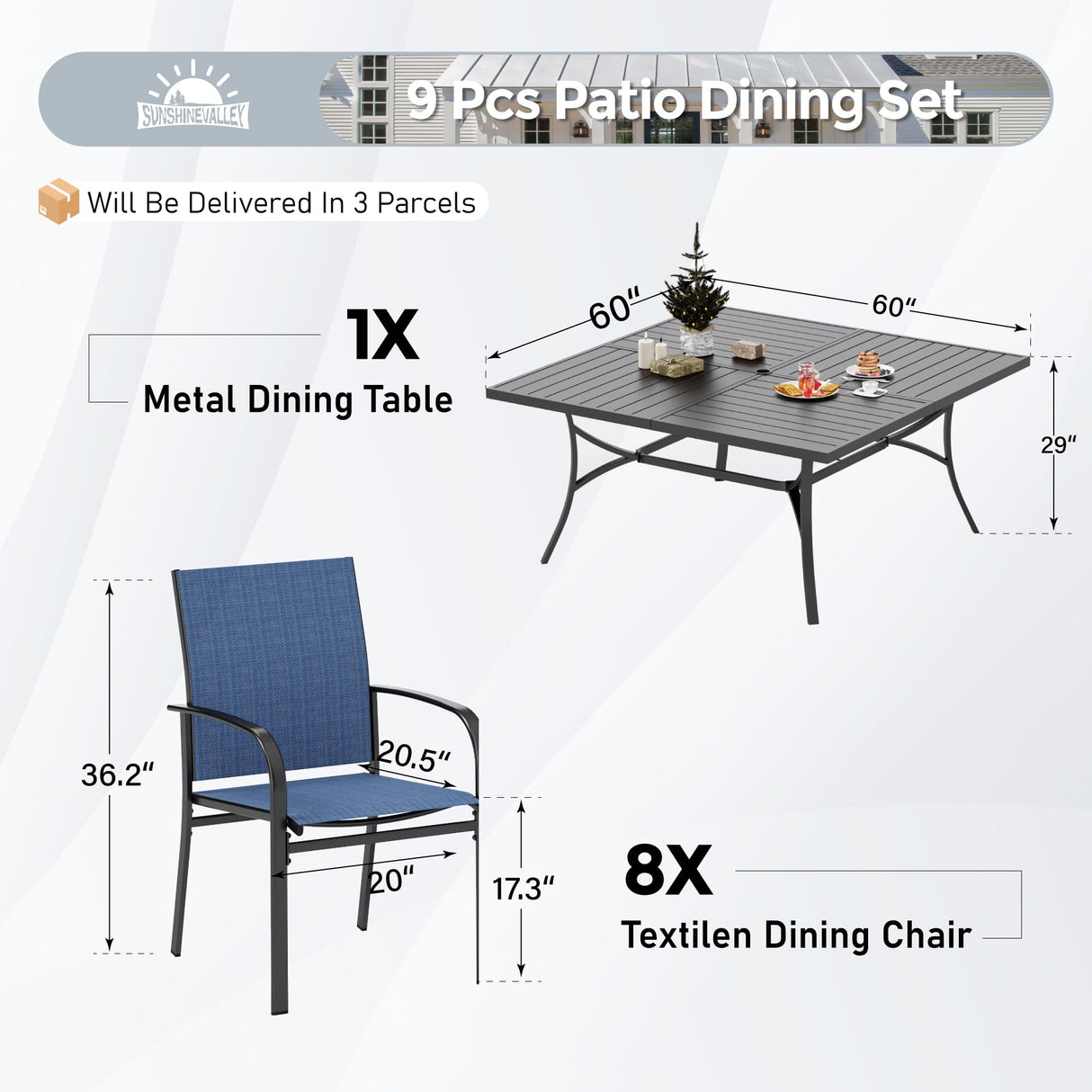 SUNSHINE VALLEY Patio Dining Set for 8, 60" x 60" Square Metal Table with Umbrella Hole, 8 x Stable Dining Chairs, Outdoor Table and Chairs Set for Lawn Backyard and Deck, Blue SUNSHINE VALLEY
