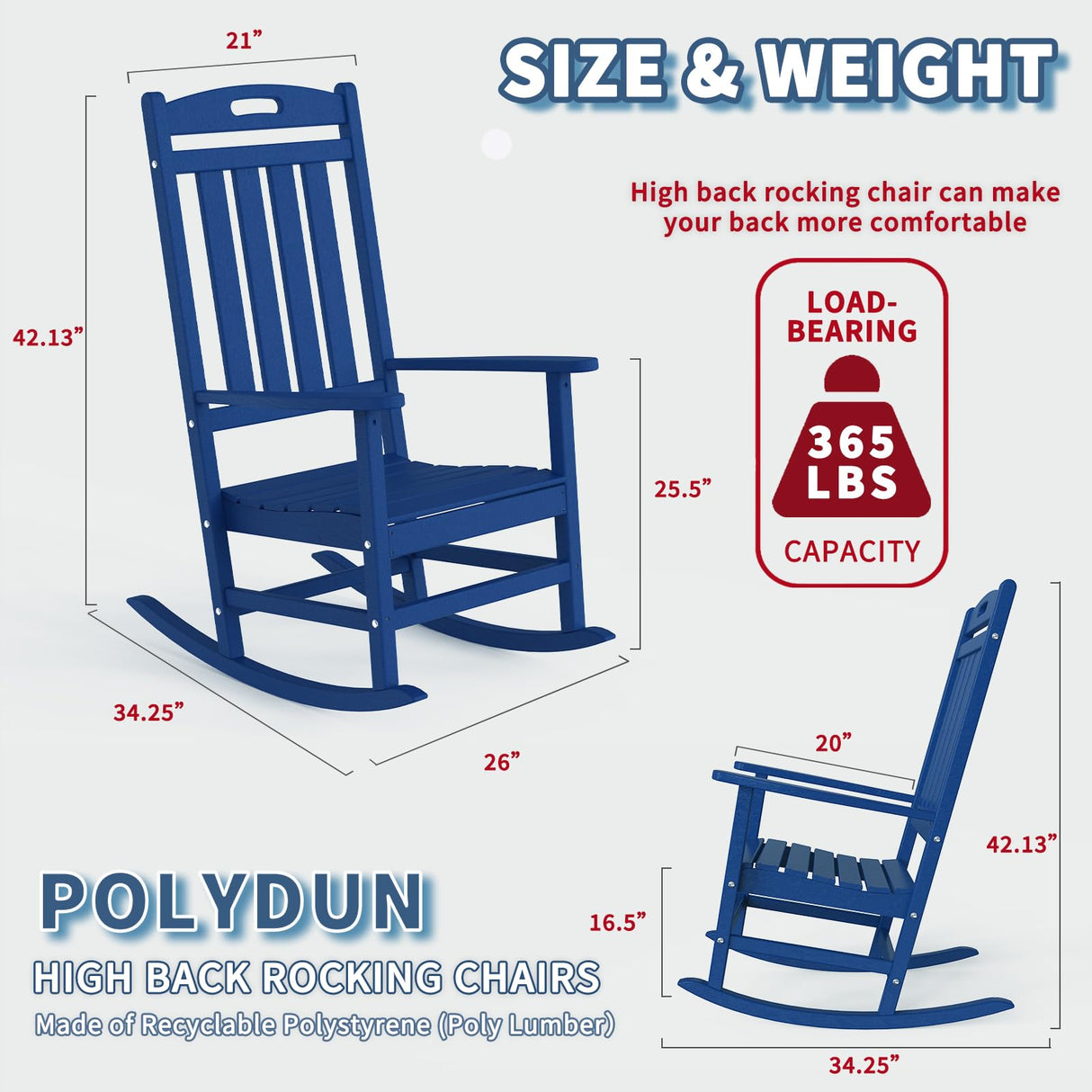 POLYDUN Outdoor Rocking Chair, Looks Like Wood, High Back Poly Lumber Patio Rocker Chair, 365Lbs Support, All-Weather Porch Rocking Chair for Lawn, Backyard, Indoor, Garden, Navy POLYDUN