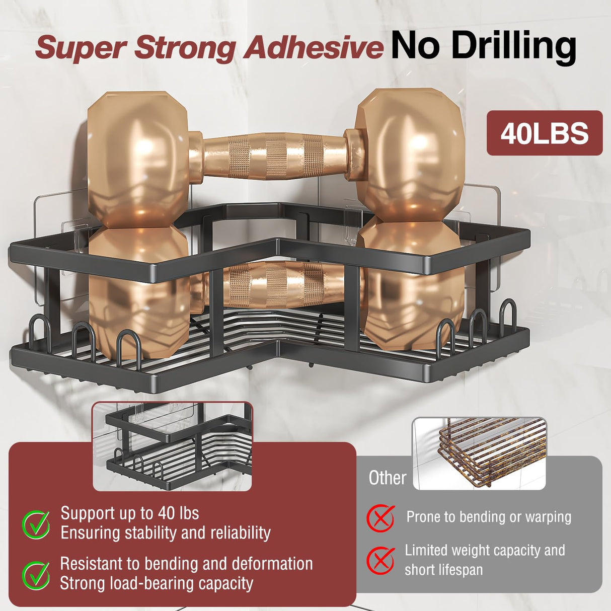 Youvip Adhesive Corner Shower Caddy with Soap Holder - Rustproof, No Drilling Shelves Wall Mounted, Organizer for Bathroom, Kitchen & Home Decor. Black, 4-Pack Youvip