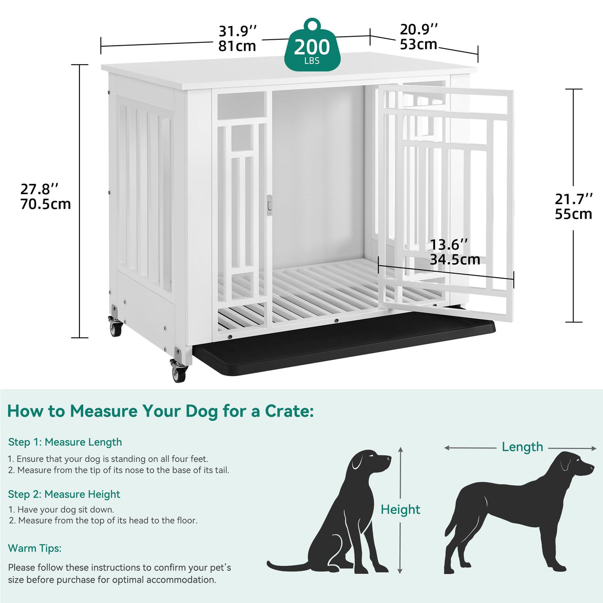 YITAHOME Dog Crate Furniture, 31.9" Heavy Duty Dog Cage, Wooden Side End Table with Wheels, Chew-Resistant Metal Dog Kennel with Removable Tray, Dog House Indoor for Small Medium Dogs, White YITAHOME