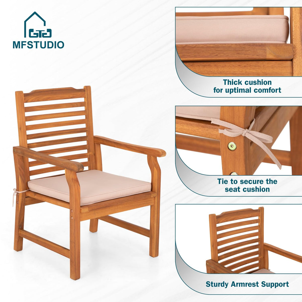 MFSTUDIO Acacia Wood Patio Dining Chairs Set of 4, All Weather Extra Large Outdoor Dining Chairs, 4 Pieces Slat Back Teak Finished Patio Chairs with Soft Removable Cushion for Garden, Backyard(4 Pcs) MFSTUDIO