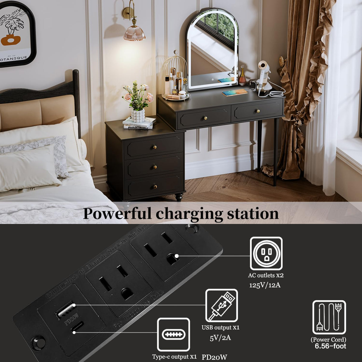 YYJ Vanity Desk with Mirror and Lights,Makeup Vanity with Power Outlet and Adjustable Cabinet,Modern Makeup Table with 3 Drawers for Bedroom Makeup Room,Writing Desk Dark YYJ