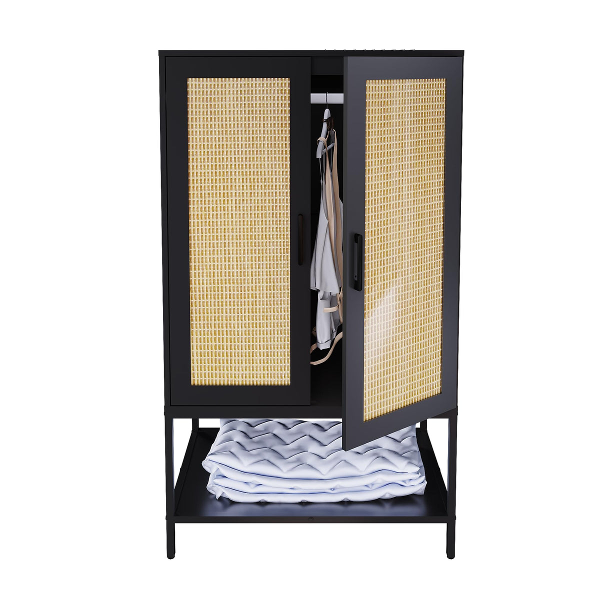 BOCVKENN Wardrobe Closet,Rattan Bedroom Armoires with 2 Doors,Wooden Wardrobe Cabinet with Shelves and Hanging Rod for Clothes,Black BOCVKENN