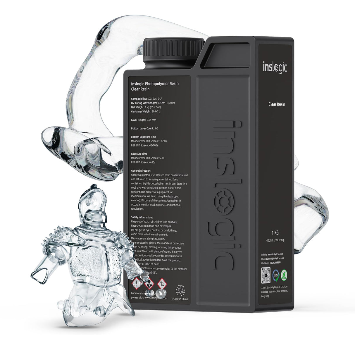 Inslogic Clear 3D Printer Resin, Yellowing & Blue Tint Resistant, Highly Transparent & High Precision & High Stability, 405nm UV-Curing Resin for LCD/DLP/SLA 3D Printing (Clear, 1kg) Inslogic