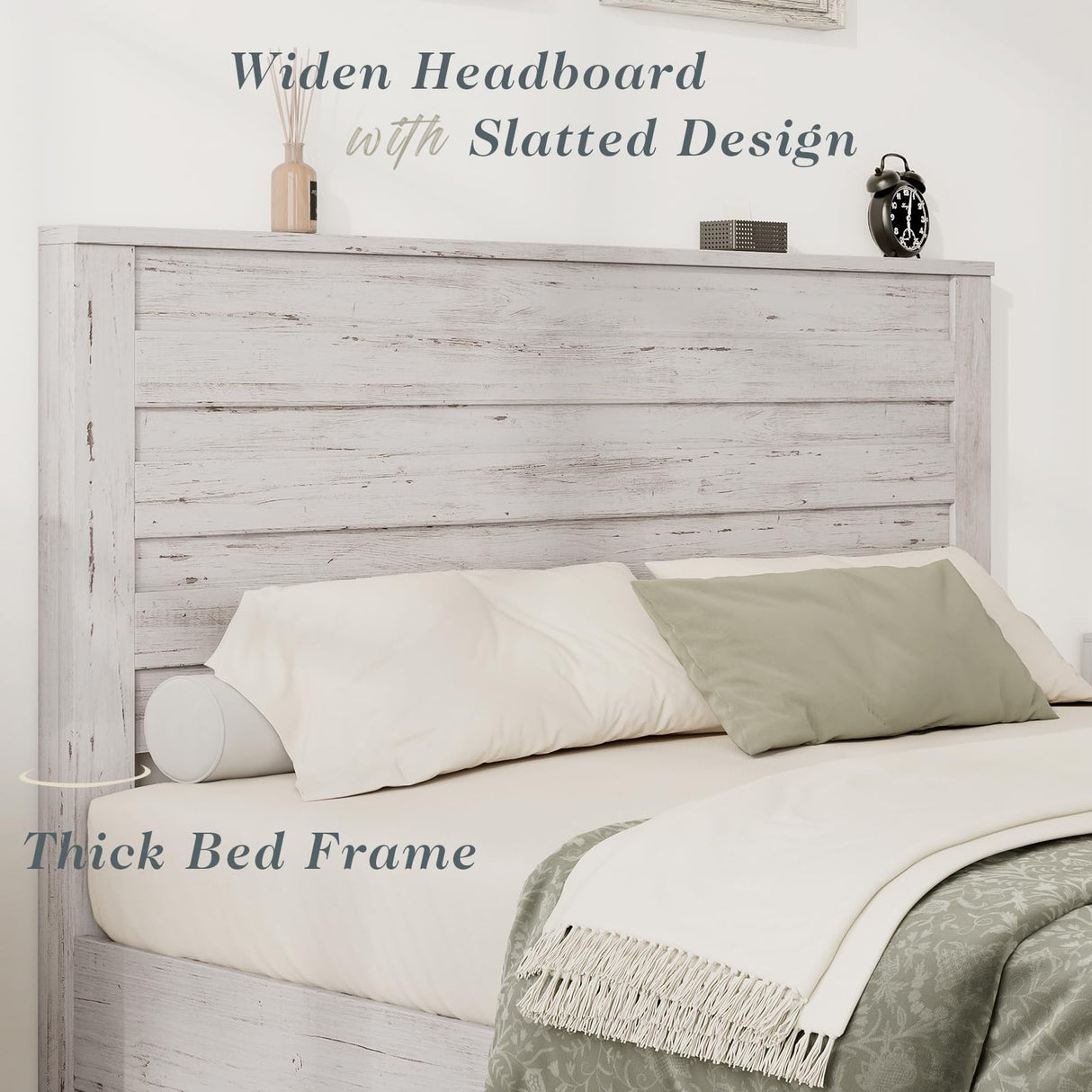 Albott Distressed White Queen Size Wood Platform Bed Frame with Stylish Headboard for Modern Farmhouse Decor Albott