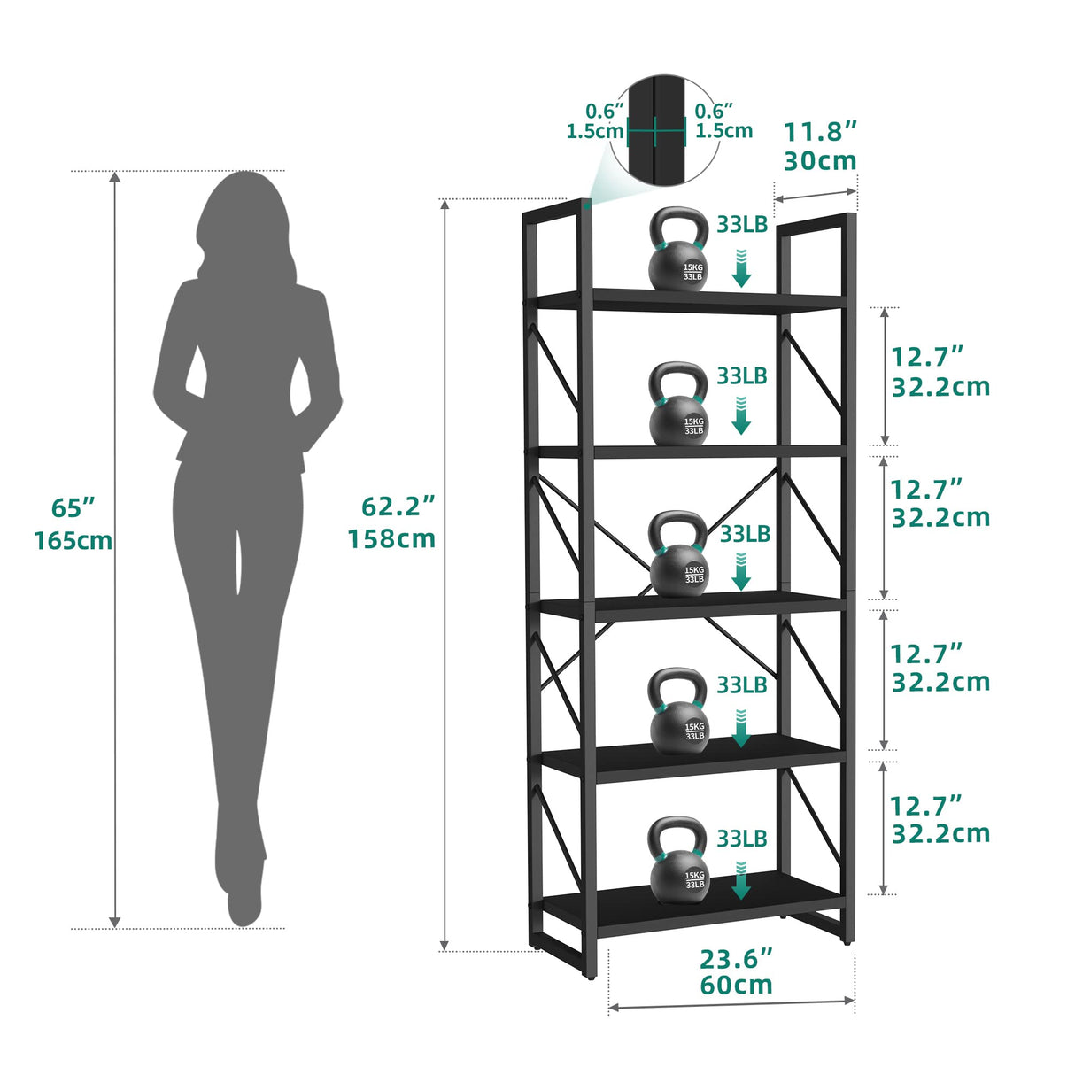 YITAHOME 5 Tiers Bookshelf, Artsy Modern Bookcase, Book Rack, Storage Rack Shelves Books Holder Organizer for Books/Movies in Living Room/Home/Office - Black YITAHOME