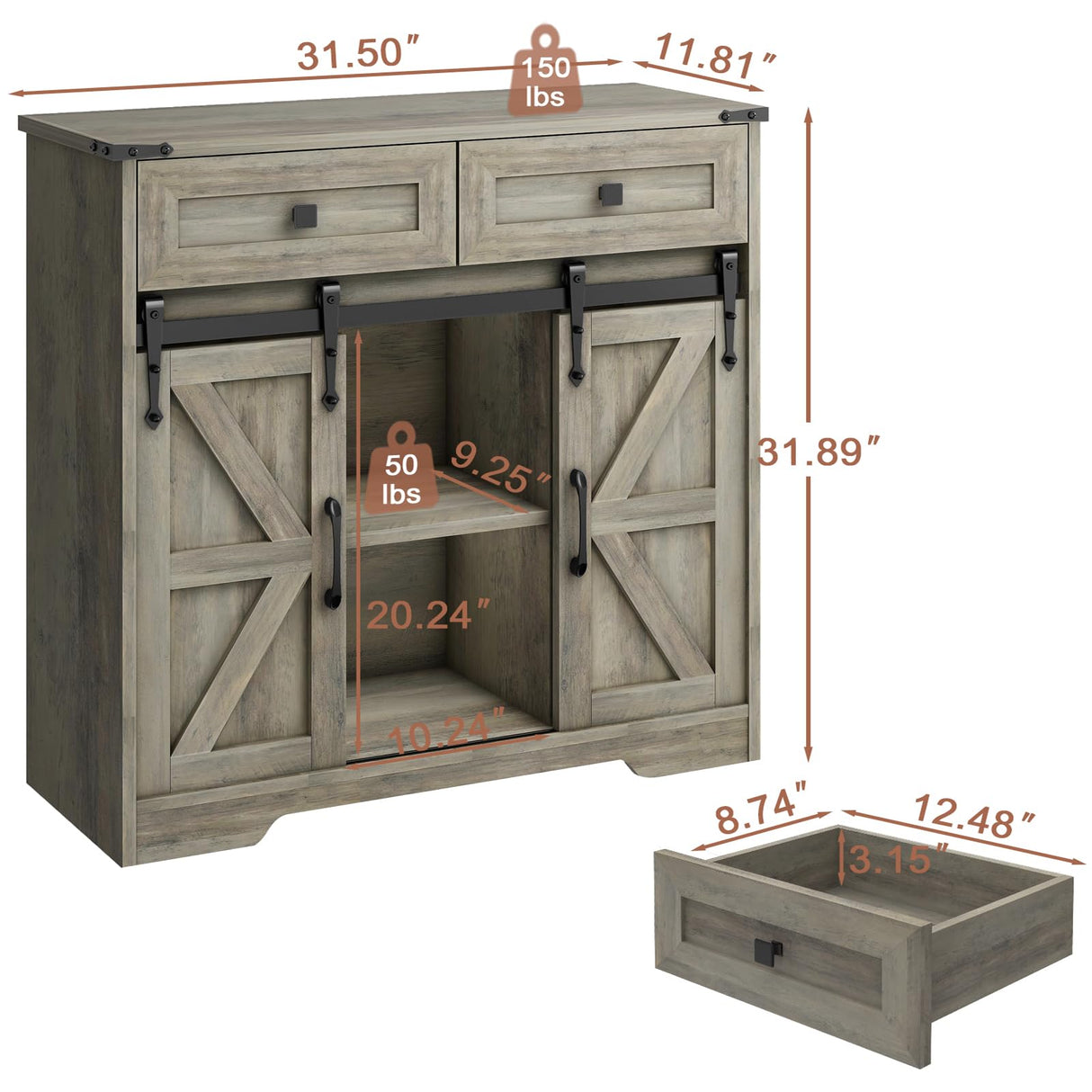 Vabches Farmhouse Storage Cabinet with Sliding Barn Doors and Drawers, Grey Freestanding Kitchen Pantry Cabinet, Floor Storage Cabinet for Bathroom, Living Room, Adjustable Shelves, Ample Space Vabches