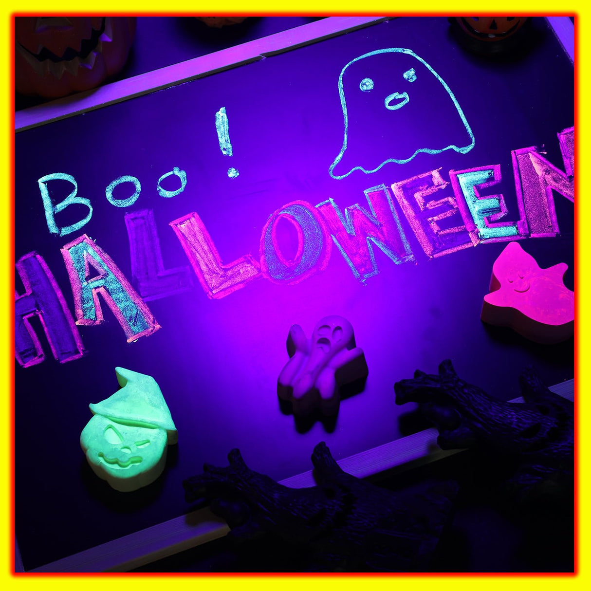 Fullhawl 12 Pcs 6 Color Halloween Chalk Ghost Glow in the Dark UV Neon Sidewalk Chalk Black Light Party Supplies for Halloween Party Gifts Painting Drawing on Chalkboard Playground Fullhawl