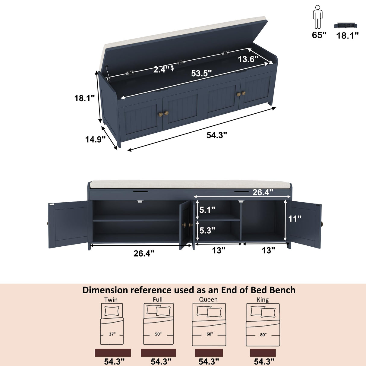 HOMEFORT 54.4" Shoe Bench with Lift Top Storage, Entryway Bench with Cushioned Seat, Wooden End of Bed Bench, Shoe Cabinet Bench with Hidden Storage Space, for Bedroom, Hallway,Blue HOMEFORT