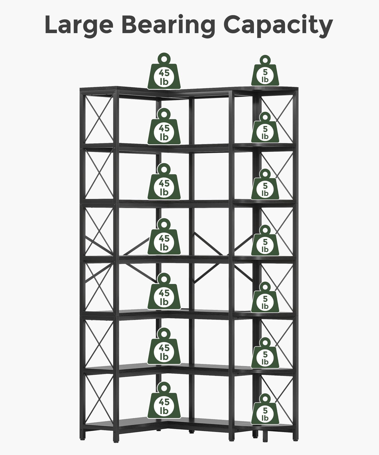 Condemo 7-Shelf Reversible Corner Bookshelf, Modern Industrial Tall Bookcase, 7-Tier Large L-Shaped Storage Shelf Display Rack with Metal Frame for Living Room, Home Office, Bedroom, Black Condemo