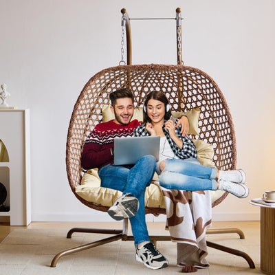 Double Swing Egg Chair with Stand, Foldable Wicker Hanging Swing for Outdoor Garden Patio, 2 Person Egg Chair Loveseat with Removable Cushions (Beige)