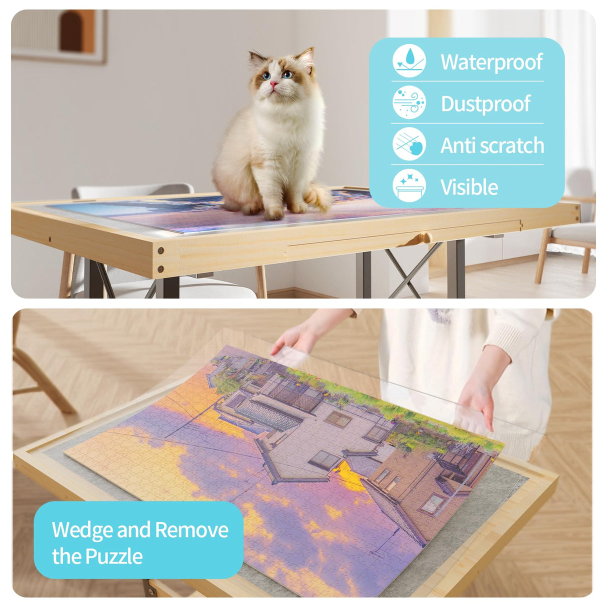 1500 Piece Jigsaw Puzzle Table with Legs for Adults, 5-Tilting-Angle & Height Adjustable Table with Draws, Wooden Puzzle Board with Extended Support Bar & 4 Wheels Easyego