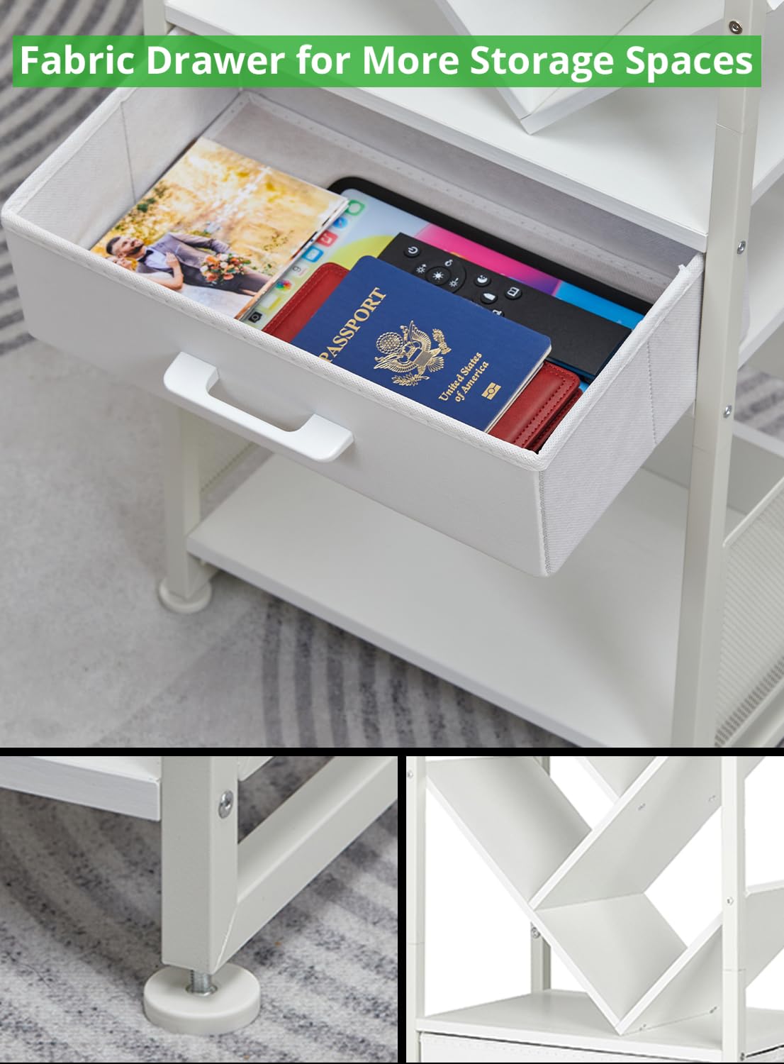 ZEXVIDA Bookshelf with Drawer,10 Tier Tree Bookcase Retro Floor Standing Bookshelves,Tall Wood Bookcases with Cabinet Storage Organizer for Living Room, Bedroom & Home Office, White ZEXVIDA