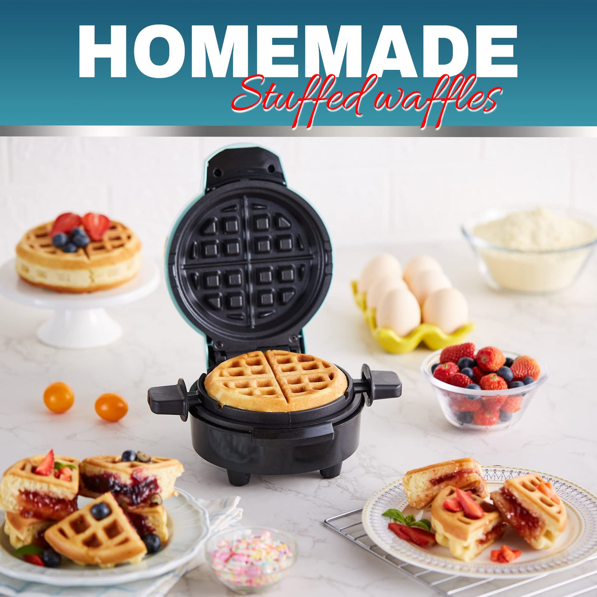 Elite Gourmet EWM380M Nonstick Fluffy Stuffed Waffle Maker, 1.5-Inch Jumbo Thick Waffles, Hash Browns, Keto, Snacks, Sandwich, Eggs, Easy to Clean, Mint Elite Gourmet