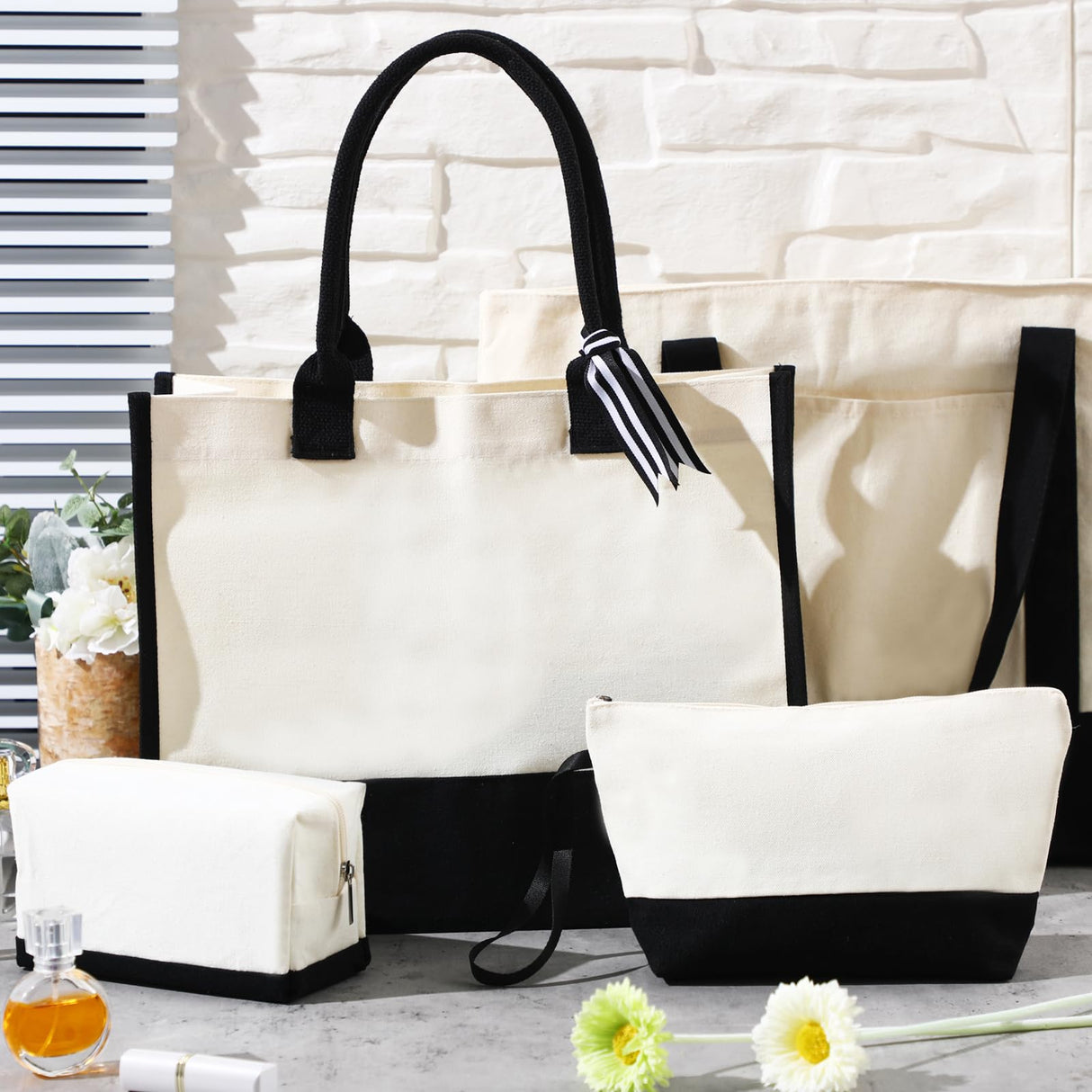 Sanwuta 4 Pack Sublimation Canvas Tote Bags DIY Canvas Makeup Bags Reusable Grocery Bags with Handles Cosmetic Bag(Black White) Sanwuta