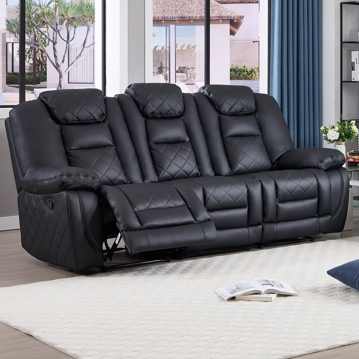 EBELLO Faux Leather Manual Reclining Sofa, 3 Seat Recliner Sofa Chair with Overstuffed Armrest and Backrest, Couch Furniture for Home Theater Living Room, Meeting Room, Black (3 Seat Sofa) EBELLO