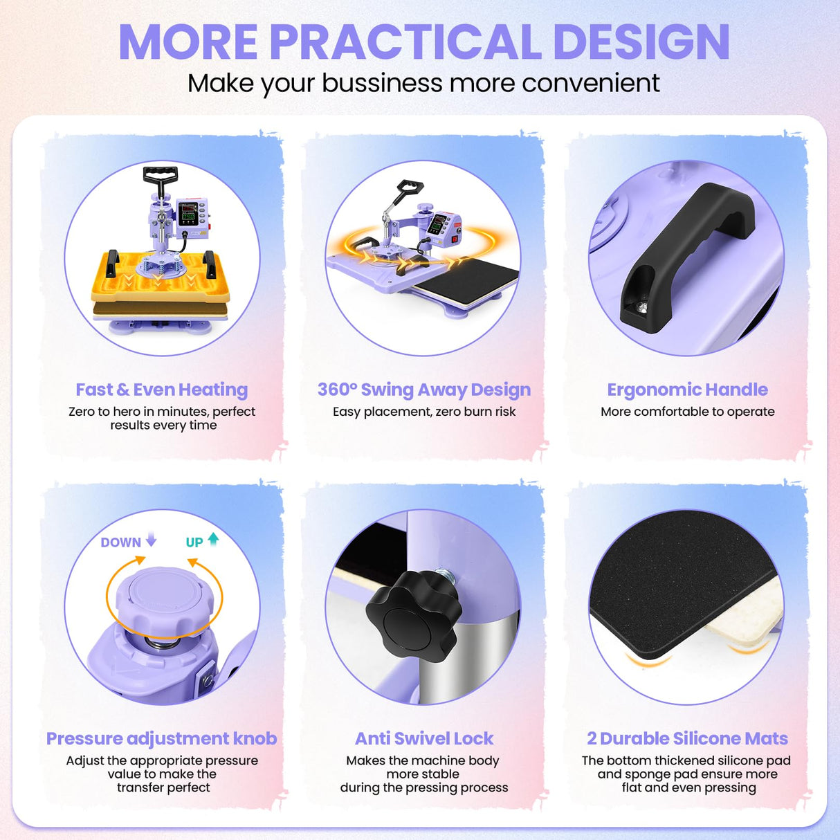 AKEYDIY Upgraded 5 in 1 Heat Press Machine for Tshirts 12X15 Inch, 360° Swing Away Shirt Press Machine for Sublimation, Multifunctional Heat Transfer Machine Combo for Shirts (Purple-5 in 1) AKEYDIY