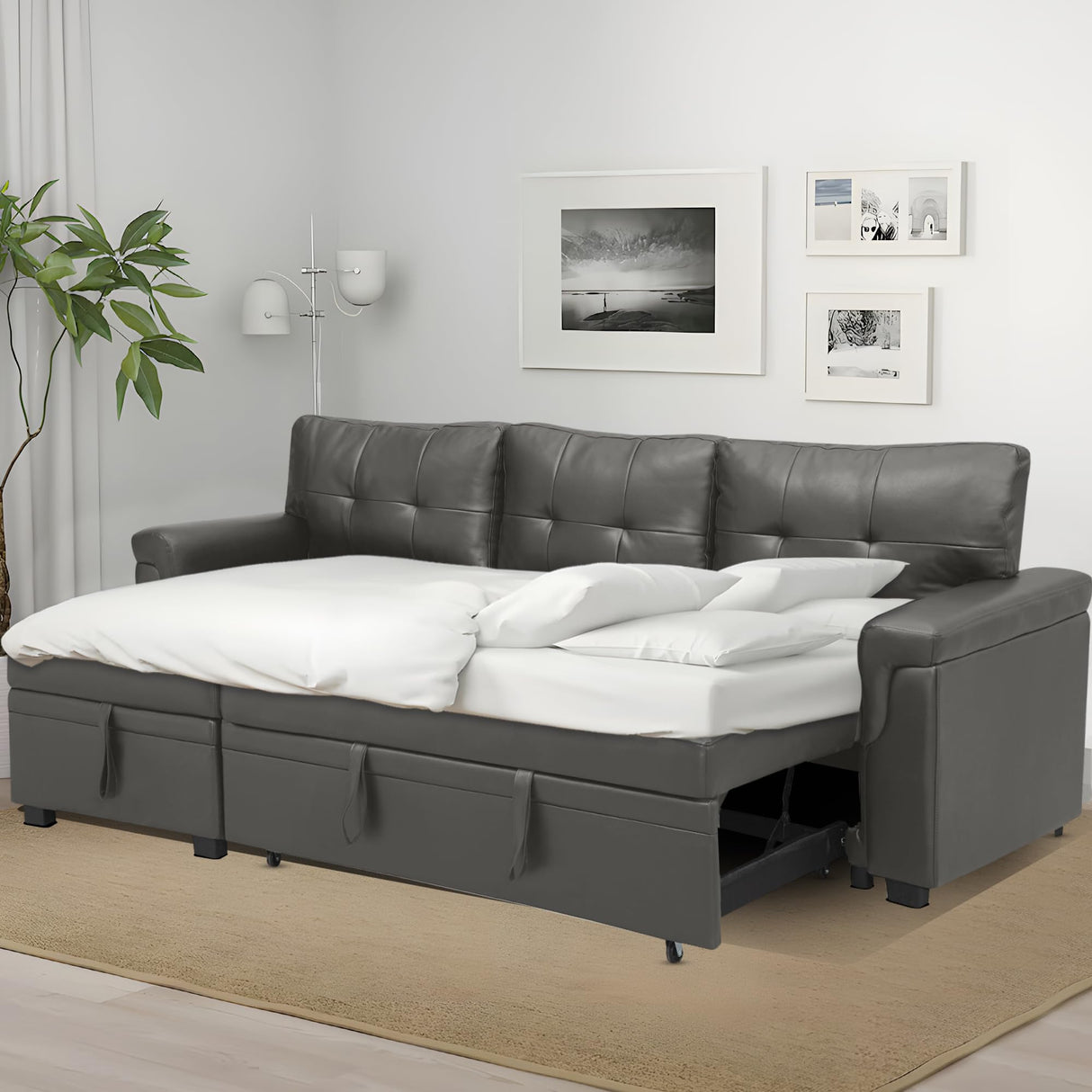 Naomi Home Transform Any Space: Sleeper Sectional Sofa with Convertible Sofa Bed & Inviting Chaise. Find Tranquil Comfort with Stress-Relieving Design & Durable Cushions - Gray/Air Leather Naomi Home